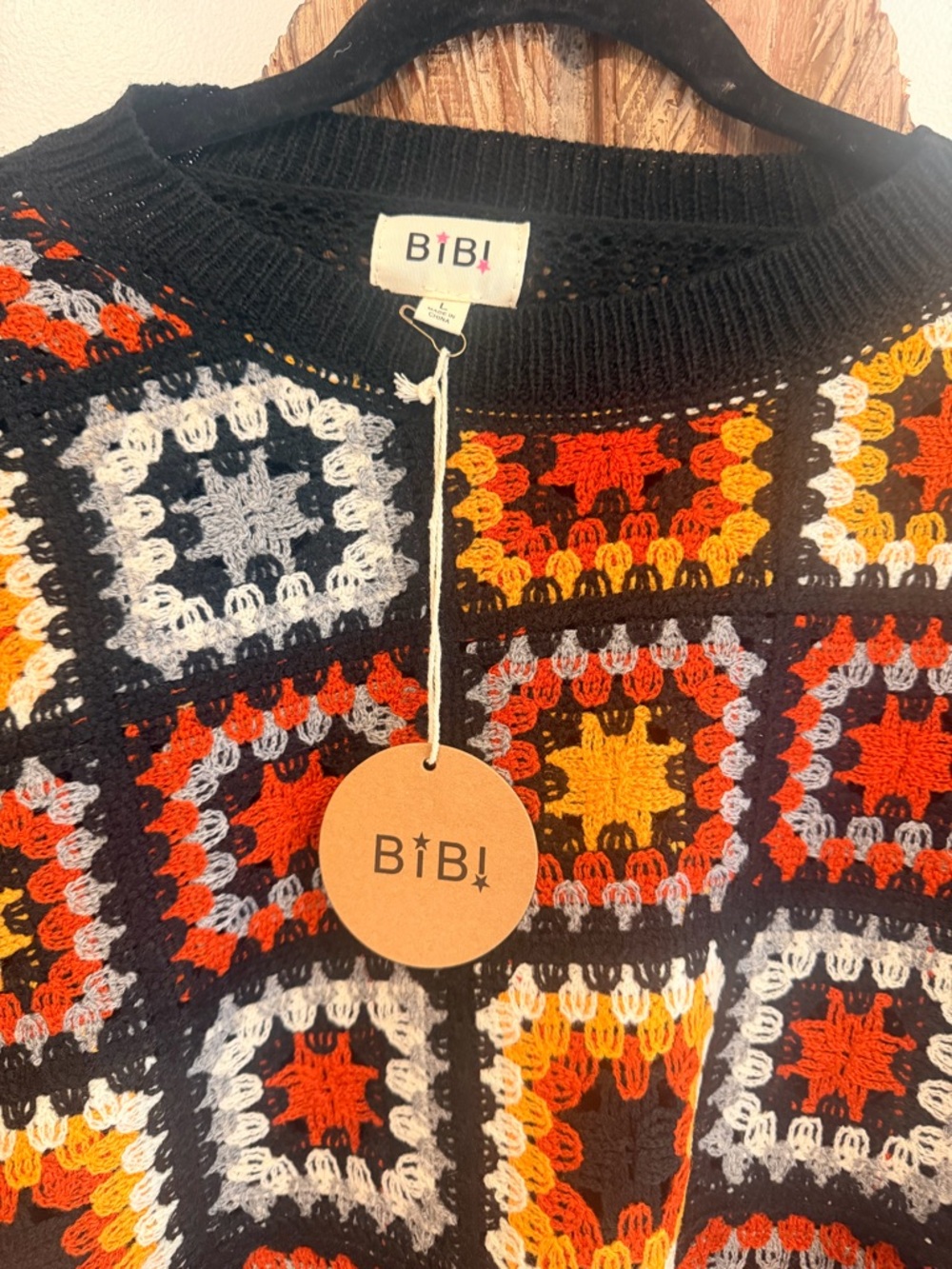 BiBi Black Crochet Granny Square Multicolor Sweater - Picture 3 of 3
